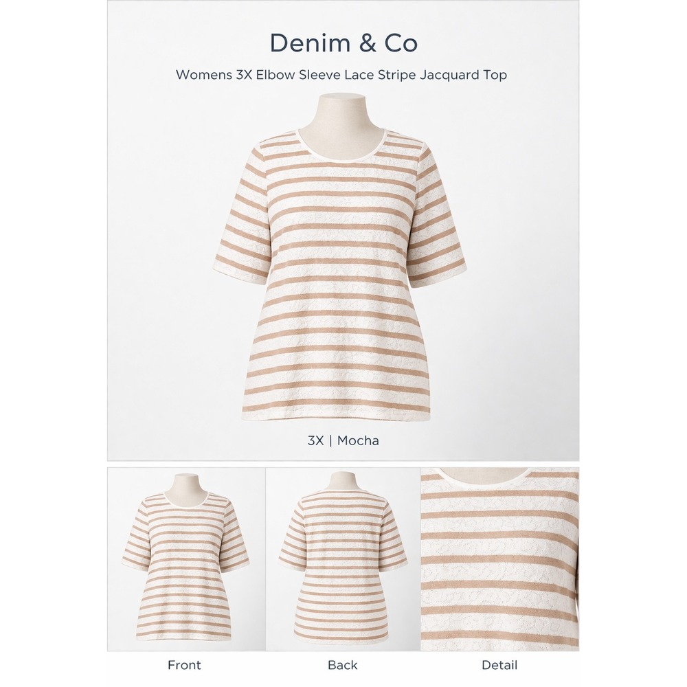 Denim & Co Womens 3X Elbow Sleeve Lace Stripe Jacquard Top Mocha White Striped